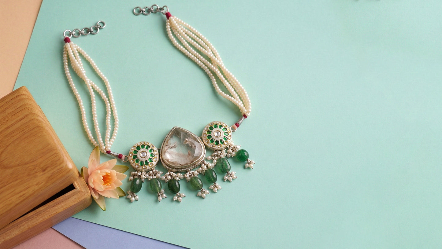 Sangeeta Boochra Handcrafted Pearl Beaded Silver Statement Choker