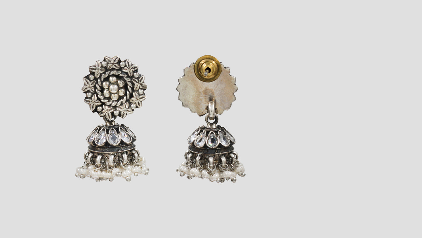 Floral Pearl Oxidised Silver Jhumka Earrings