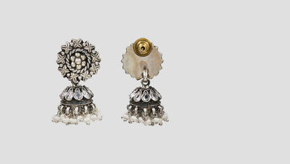 Floral Pearl Oxidised Silver Jhumka Earrings