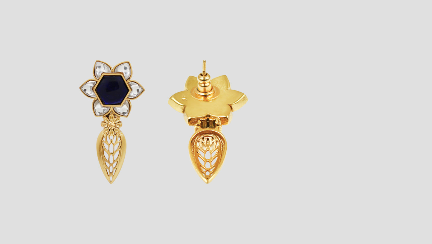 Sangeeta Boochra Handcrafted Gold Plated Silver Floral Statement Earrings with Kundan Detailing