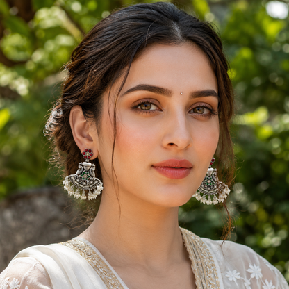 Sangeeta Boochra Handcrafted Sterling Silver Kundan Earrings with Pearl Hangings