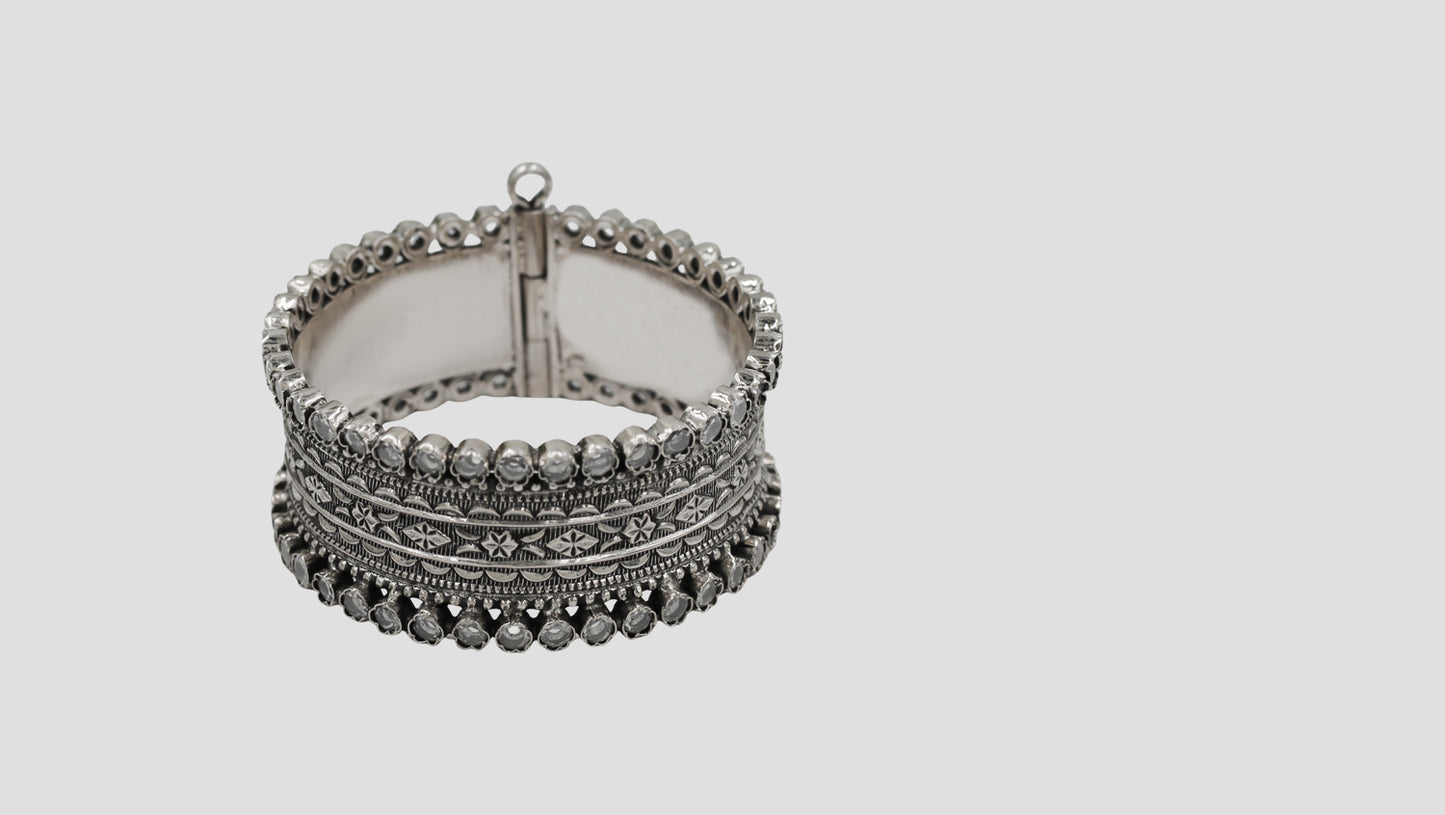 Sangeeta Boochra Handcrafted Oxidised Silver Floral Engraved Hinged Bangle