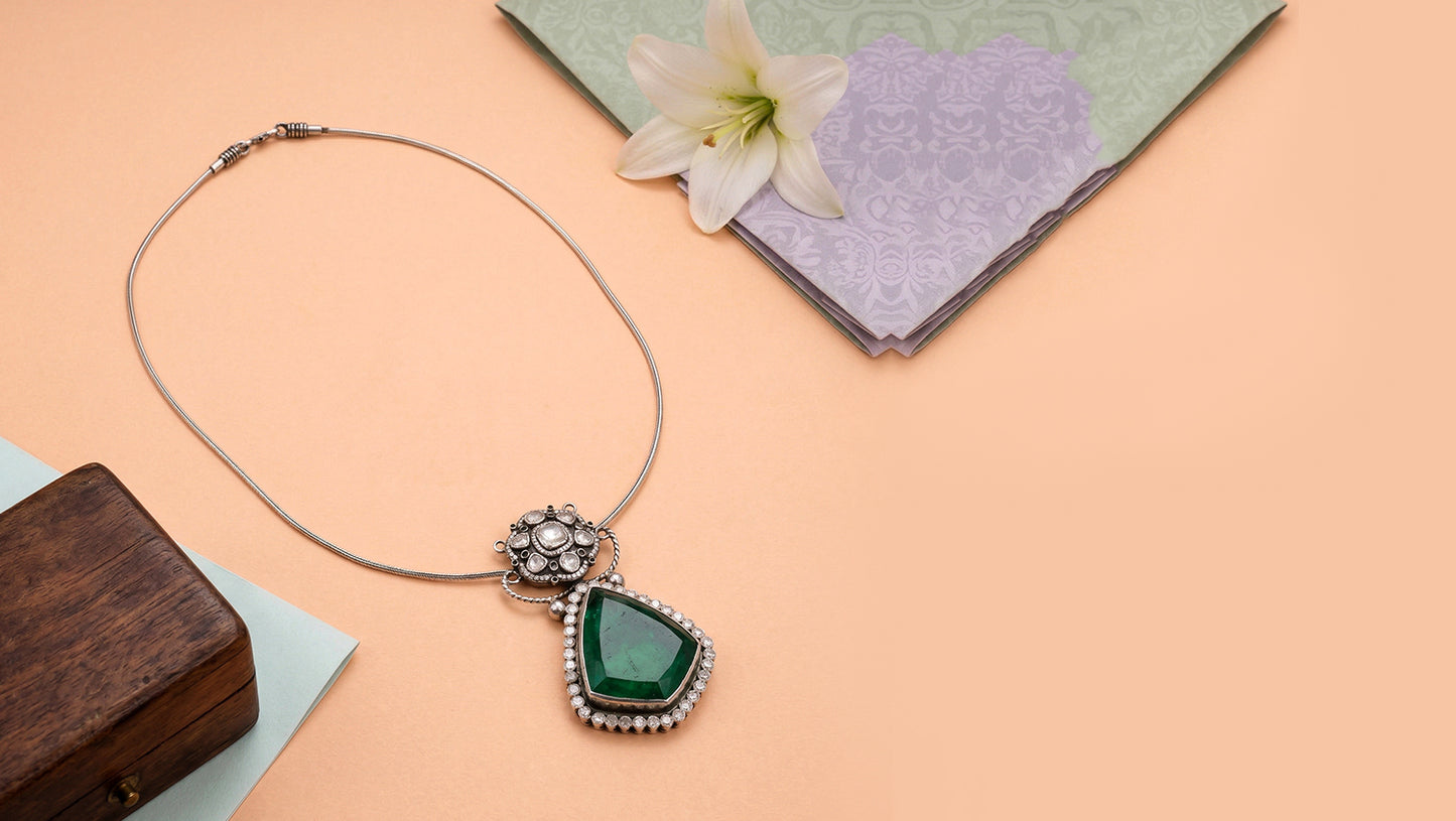 Sangeeta Boochra Moissanite Silver Pendant with Green Teardrop Stone