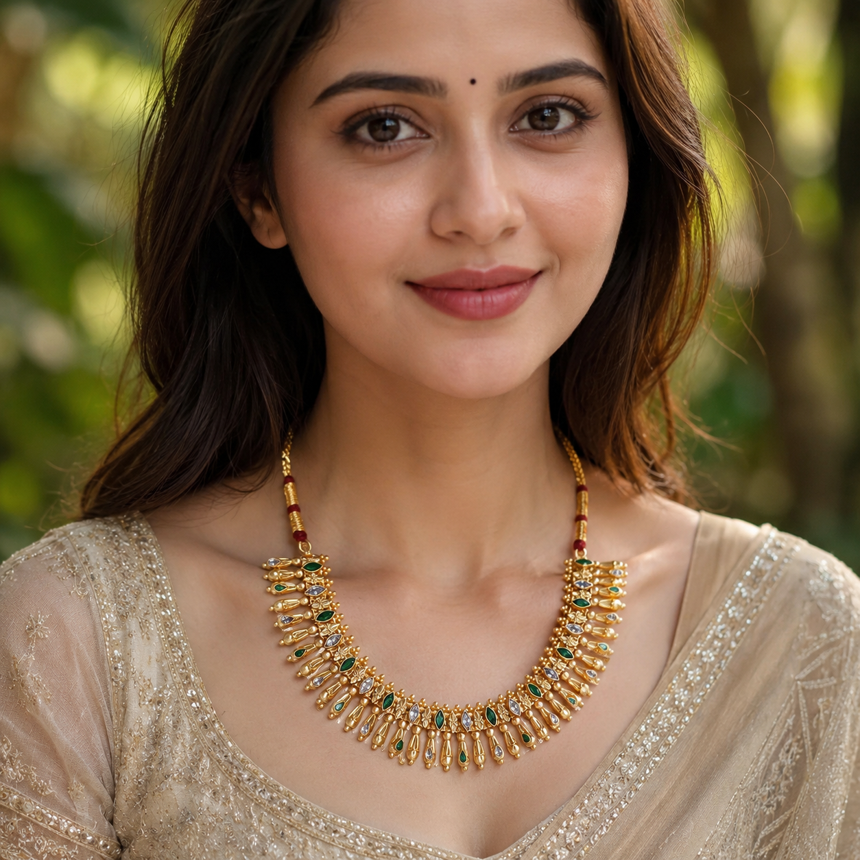 Handcrafted Gold-Plated Silver Statement Necklace with Green & White Stones | Sangeeta Boochra
