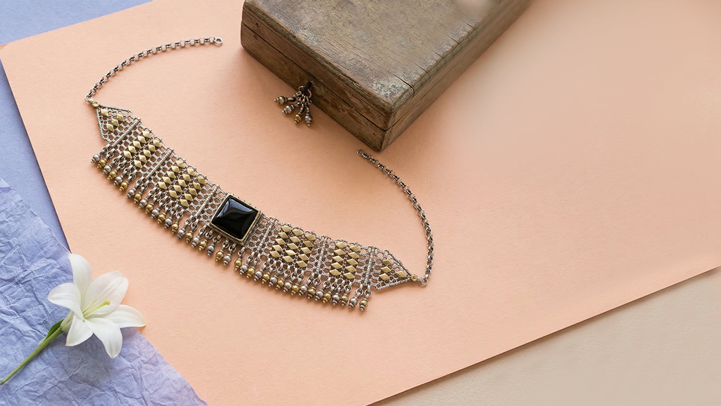 Sangeeta Boochra Black Stone Oxidised Silver Statement Choker