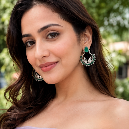 Sangeeta Boochra Designer Peacock Silver Earrings | Green Gemstone Statement Earrings