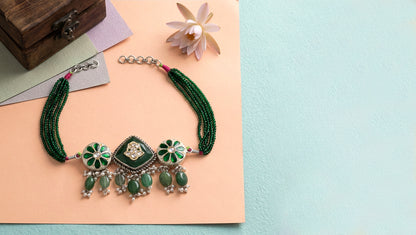 Sangeeta Boochra Floral Motif Silver Choker with Green Beads