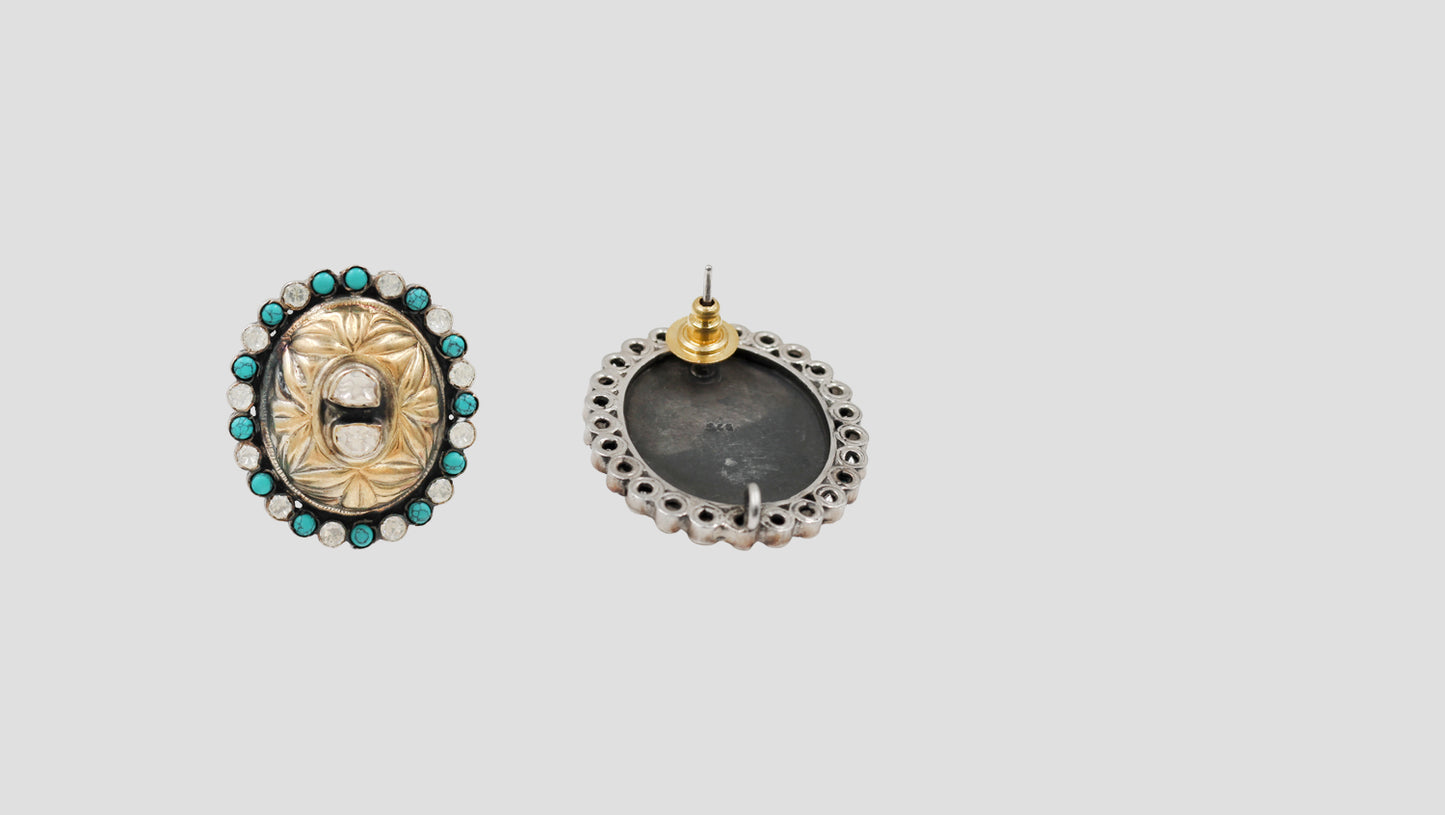Sangeeta Boochra Dual Tone Oval Moissanite and Turquoise Silver Stud