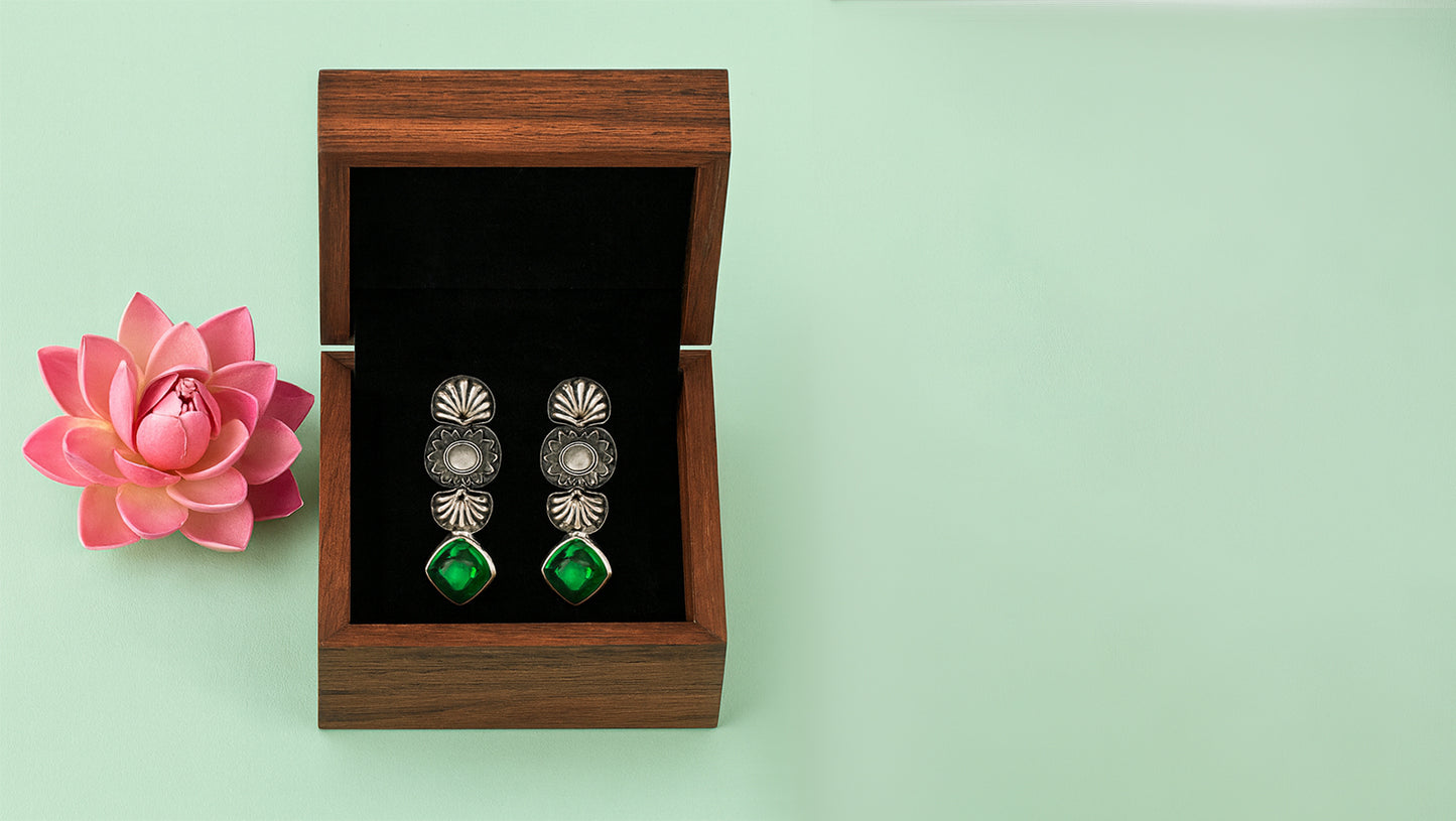 Sangeeta Boochra Silver Floral Earrings with Green Gemstone