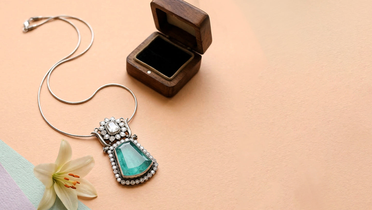 Sangeeta Boochra Handcrafted Moissanite Silver Pendant with Green Stone