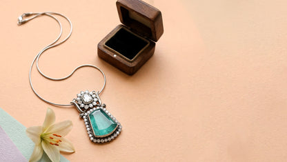 Sangeeta Boochra Handcrafted Moissanite Silver Pendant with Green Stone