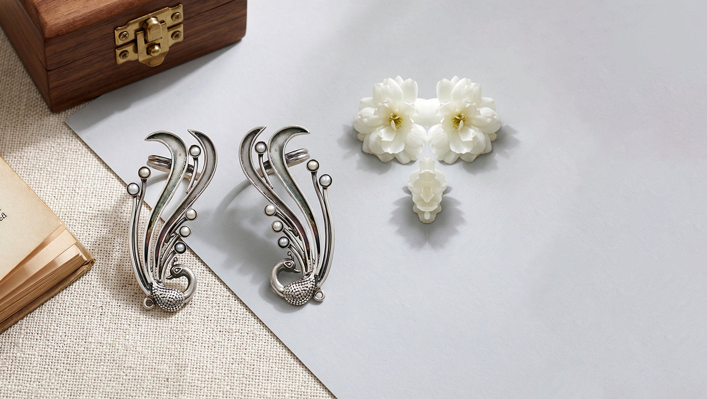 Peacock Grace Silver Earrings by Sangeeta Boochra