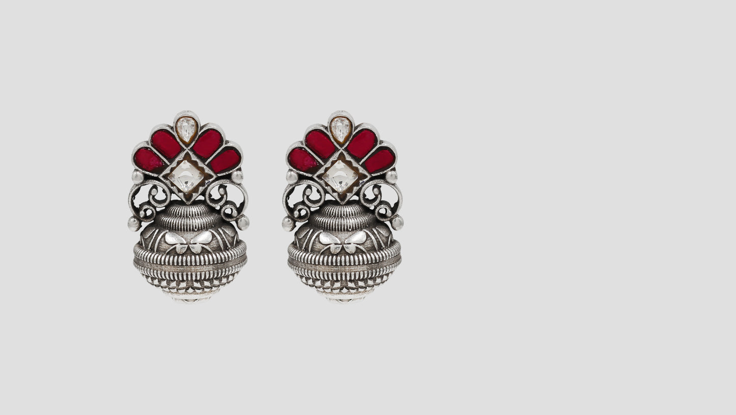 Sangeeta Boochra Red Kundan Floral Oxidised Silver Earrings
