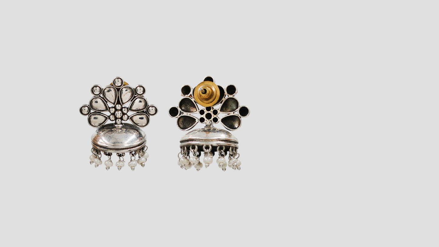 Sangeeta Boochra Floral Motif Silver Jhumka Earrings