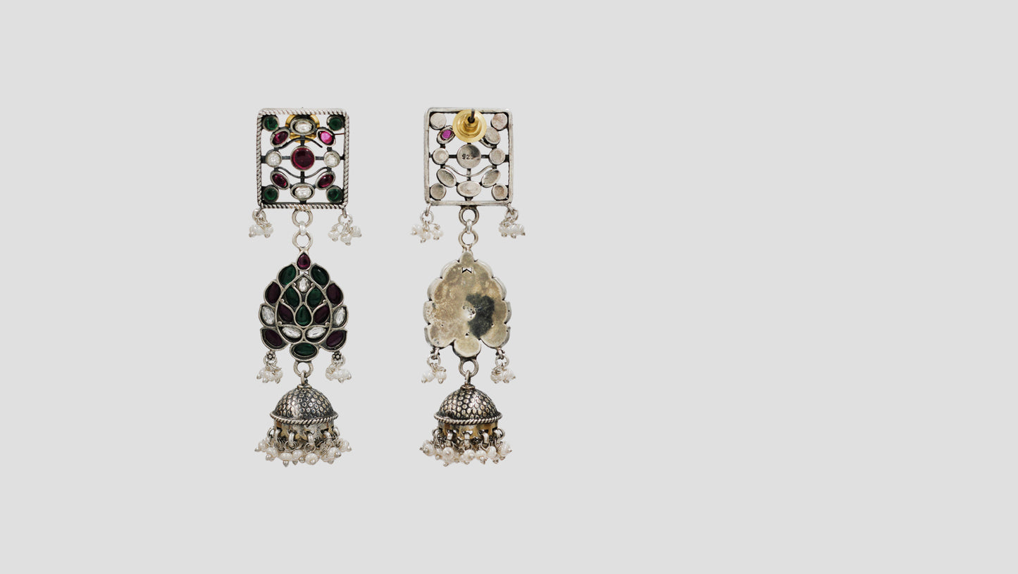 Sangeeta Boochra Heritage Kundan Silver Drop Earrings in Green & Ruby Tones