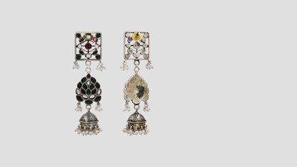 Sangeeta Boochra Heritage Kundan Silver Drop Earrings in Green & Ruby Tones
