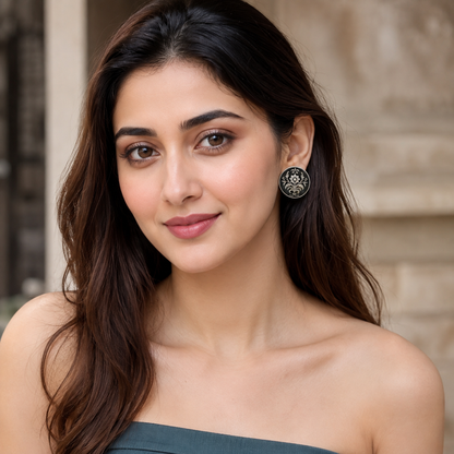 Sangeeta Boochra Handcrafted Oxidised Silver Engraved Floral Stud Earrings
