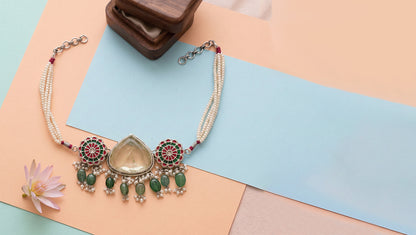 Sangeeta Boochra Pearl Beaded Silver Choker with Teardrop Stone