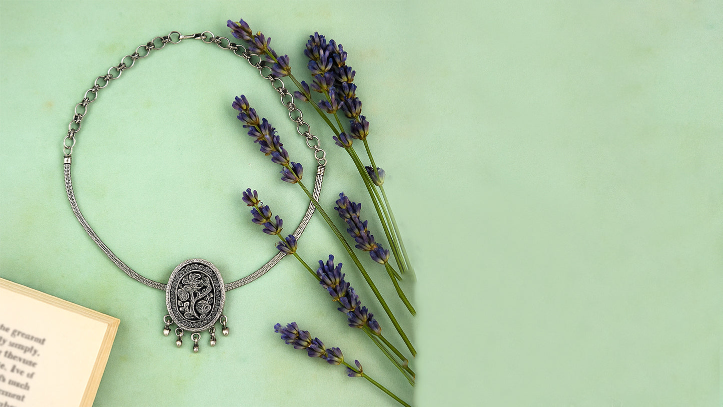 Sangeeta Boochra Oxidized Silver Floral Necklace