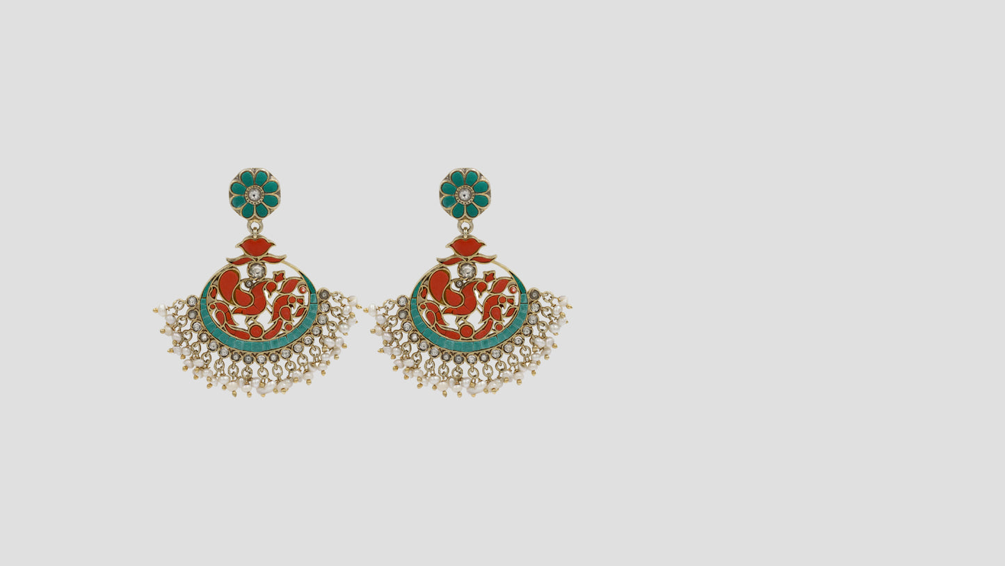 Sangeeta Boochra Enamel Peacock Motif Silver Chandbali Earrings