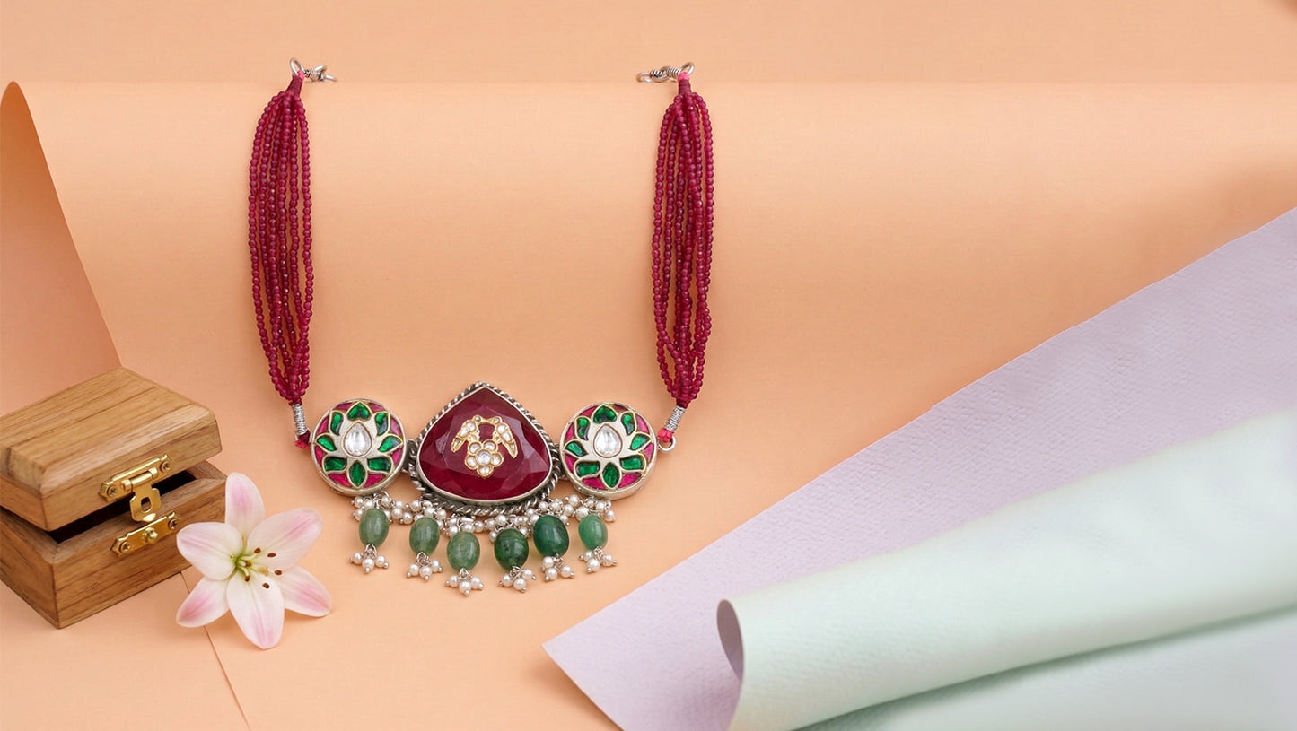 Sangeeta Boochra Handcrafted Red Bead Silver Choker with Green Drops