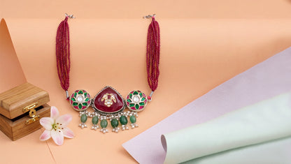 Sangeeta Boochra Handcrafted Red Bead Silver Choker with Green Drops