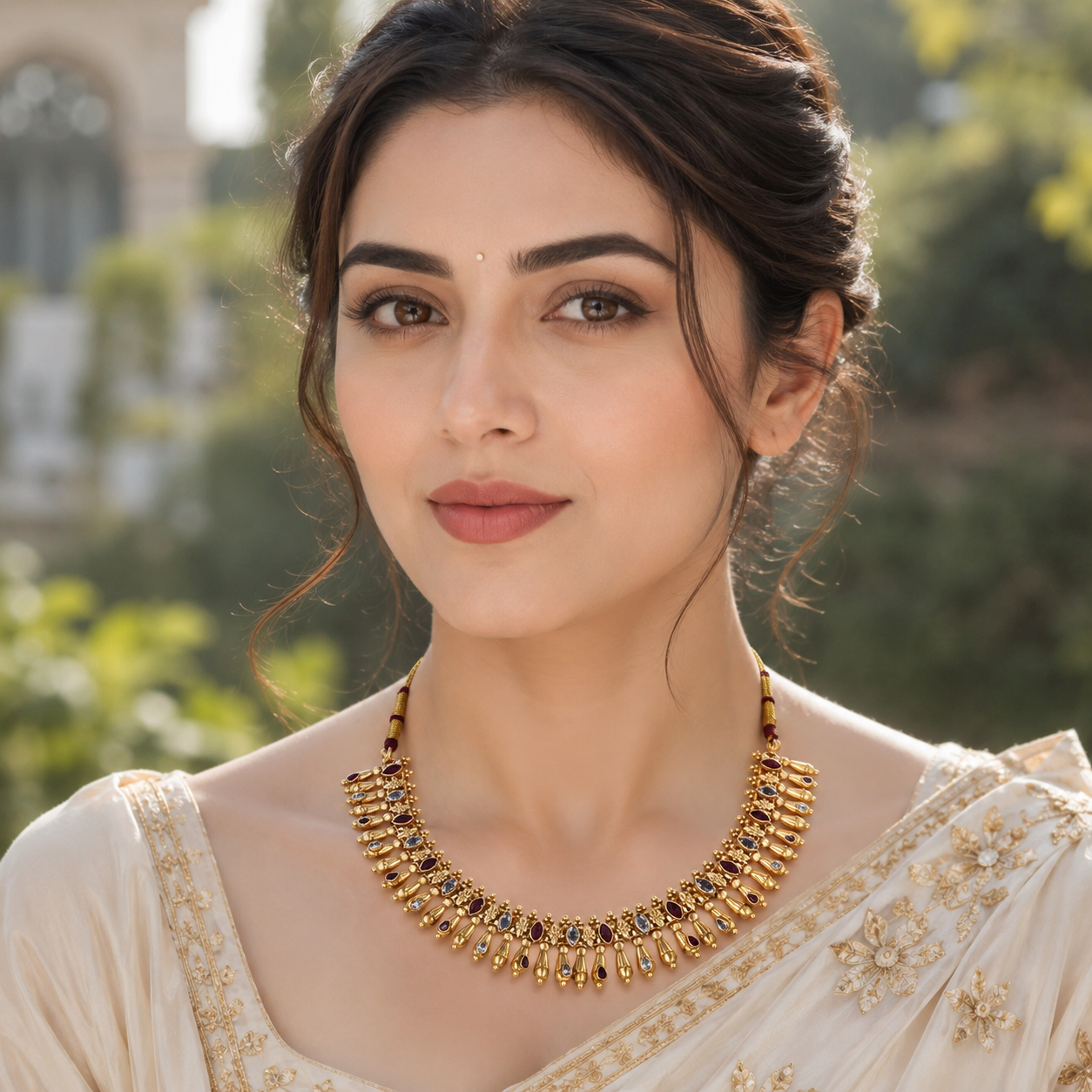 Gold-Plated Silver Statement Necklace with Ruby Red & White Stones – Sangeeta Boochra