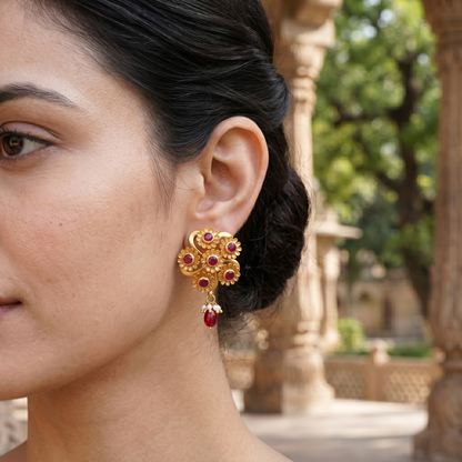 Sangeeta Boochra Gold-Plated Silver Kundan Earrings with Red Drops