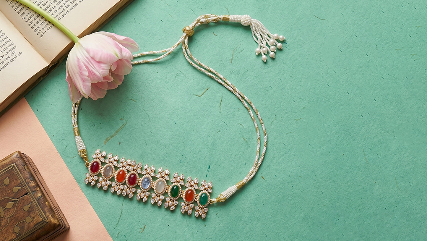 Sangeeta Boochra Gold-Plated Moissanite & Multi-Coloured Stone Choker Set