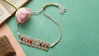Sangeeta Boochra Gold-Plated Moissanite & Multi-Coloured Stone Choker Set
