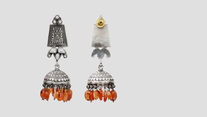 Sangeeta Boochra Heritage Oxidised Silver Earrings with Orange Hanging Beads