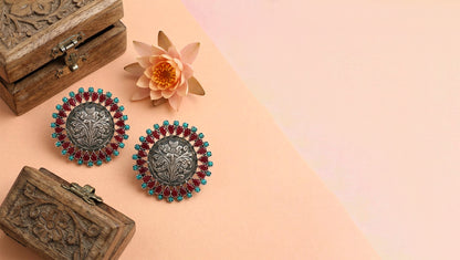 Sangeeta Boochra Heritage Floral Oxidised Silver Round Earrings