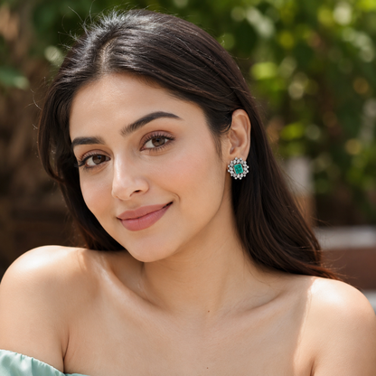 Sangeeta Boochra Artisan Silver Statement Stud Earrings with Green Gemstone