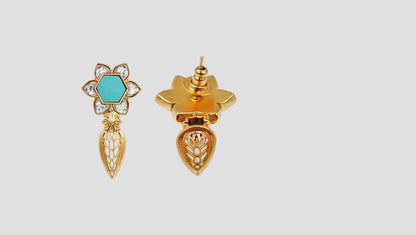 Sangeeta Boochra Designer Gold Plated Silver Floral Earrings with White Kundan and Turquoise Stone