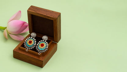 Sangeeta Boochra Handcrafted Silver Earrings with Turquoise and Red Stone