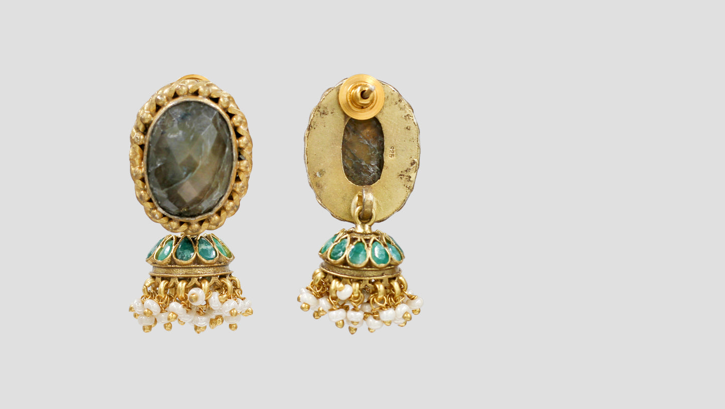 Sangeeta Boochra Gold Plated Labradorite Stone & Pearl Jhumka Earrings