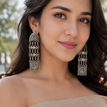 Sangeeta Boochra Handcrafted Oxidised Silver Peacock Motif Long Earrings