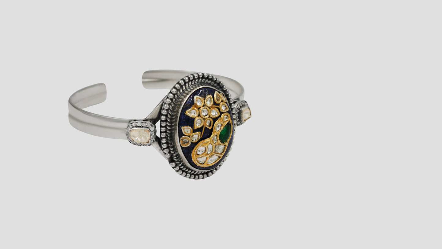 Sangeeta Boochra Oxidised Silver Bracelet with Lapis-Tone Centerpiece & Kundan Work
