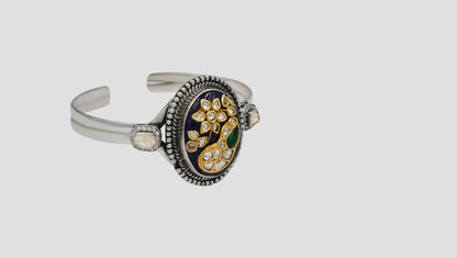 Sangeeta Boochra Oxidised Silver Bracelet with Lapis-Tone Centerpiece & Kundan Work