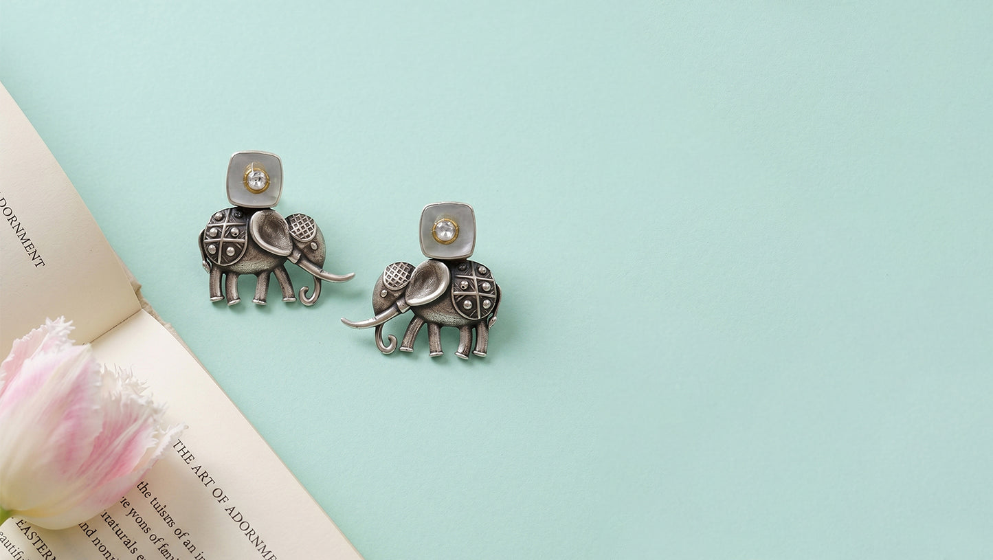Sangeeta Boochra Elephant Motif Oxidised Silver Stud Earrings