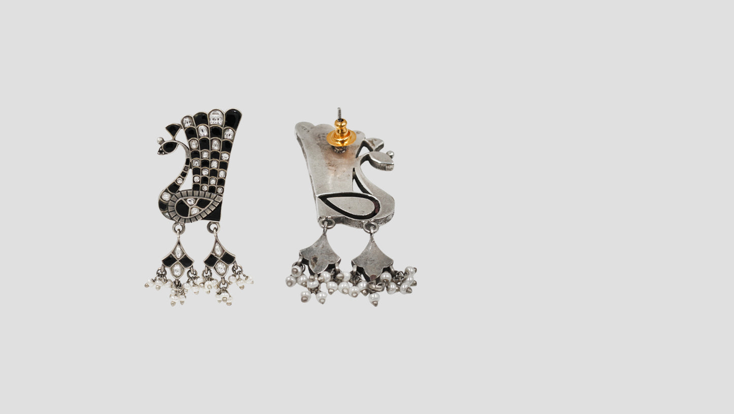 Sangeeta Boochra Artisan Kundan Earrings with Peacock Motif & Pearl Detailing