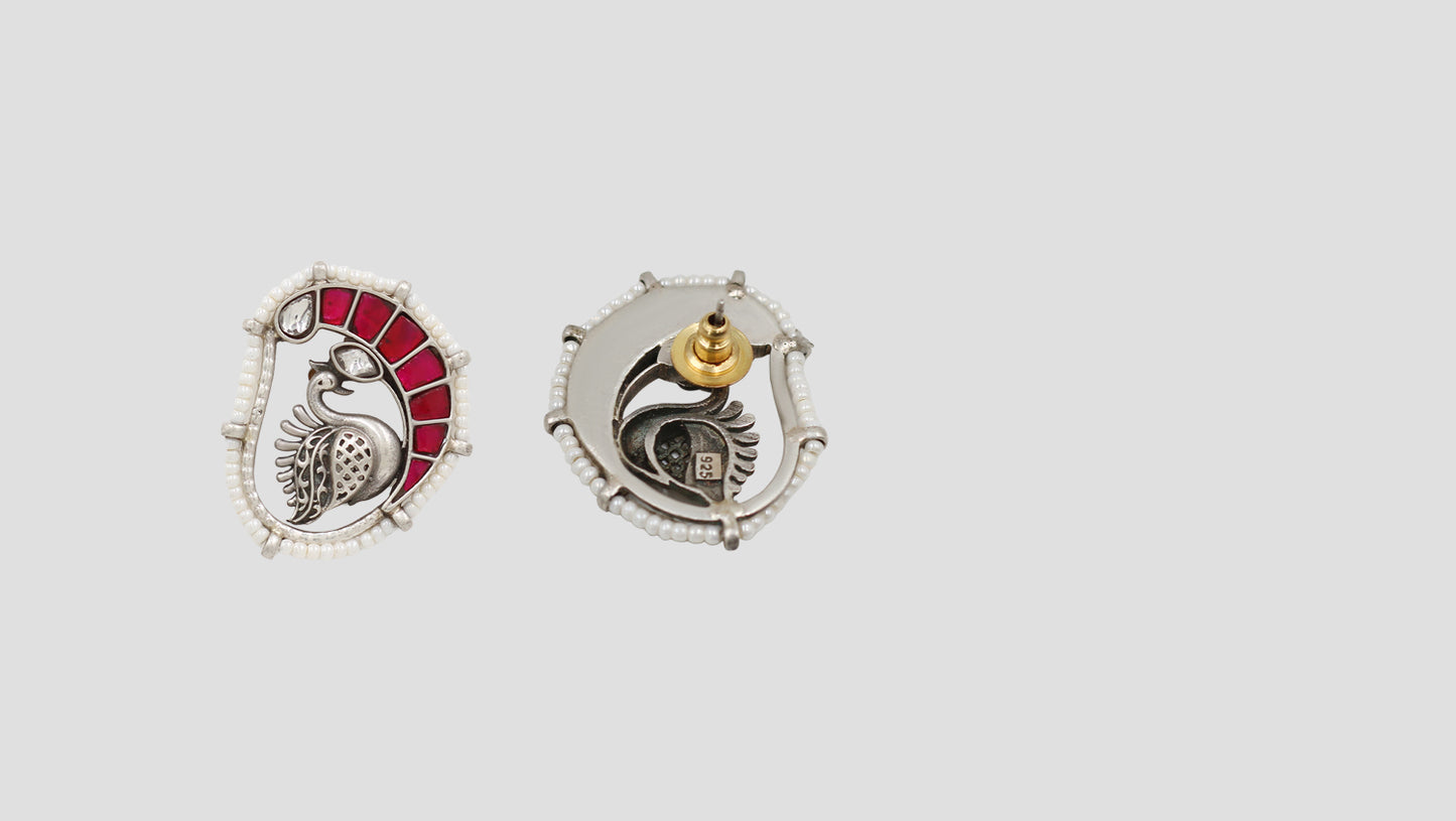Sangeeta Boochra Ethnic Peacock Silver Earrings with Red Stone
