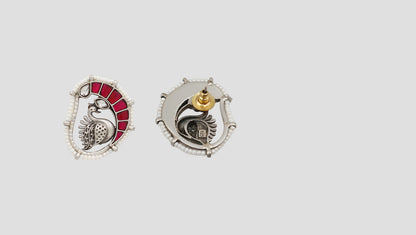 Sangeeta Boochra Ethnic Peacock Silver Earrings with Red Stone