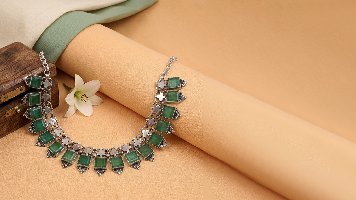 Sangeeta Boochra Luxe Silver Necklace with Green Stone Accents
