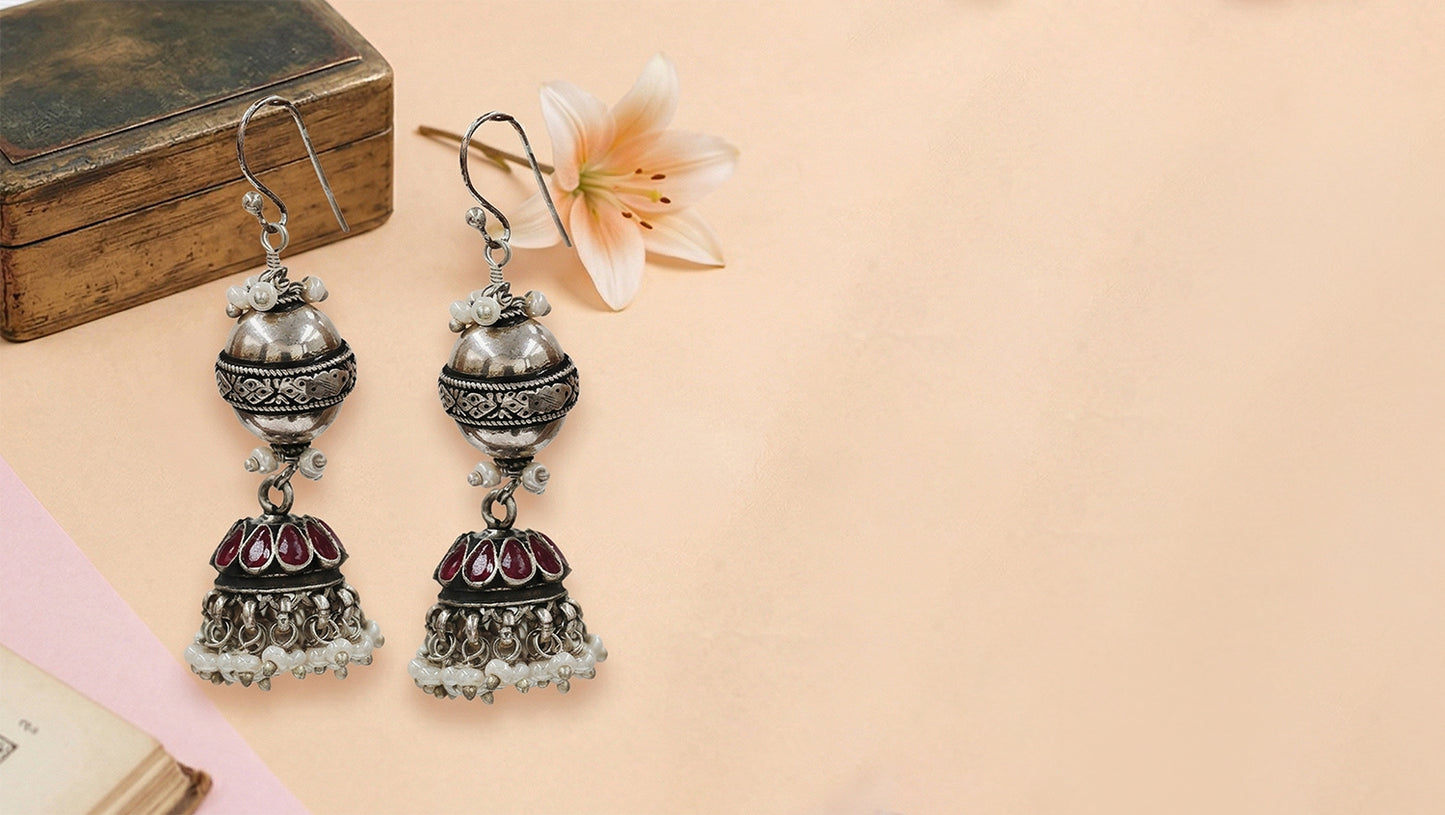 Sangeeta Boochra Traditional Oxidised Silver Pearl Drop Earrings