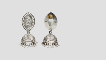 Sangeeta Boochra Handcrafted Floral Motif Silver Jhumki Earrings