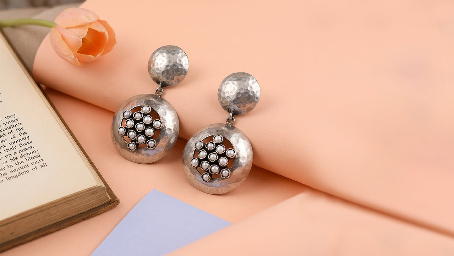 Sangeeta Boochra Heritage Pearl Inlay Oxidised Silver Earrings