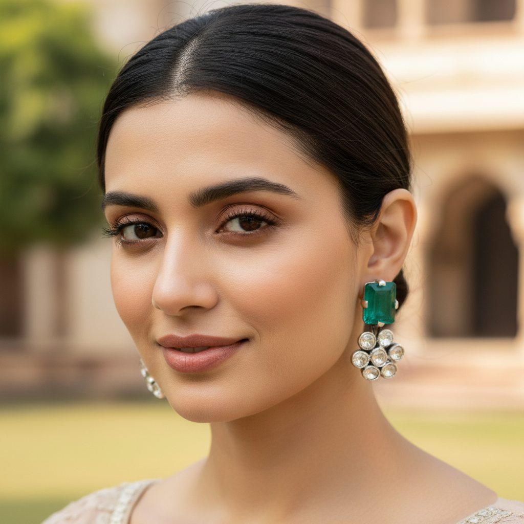 Sangeeta Boochra Green Stone & Polki Flower Silver Earrings
