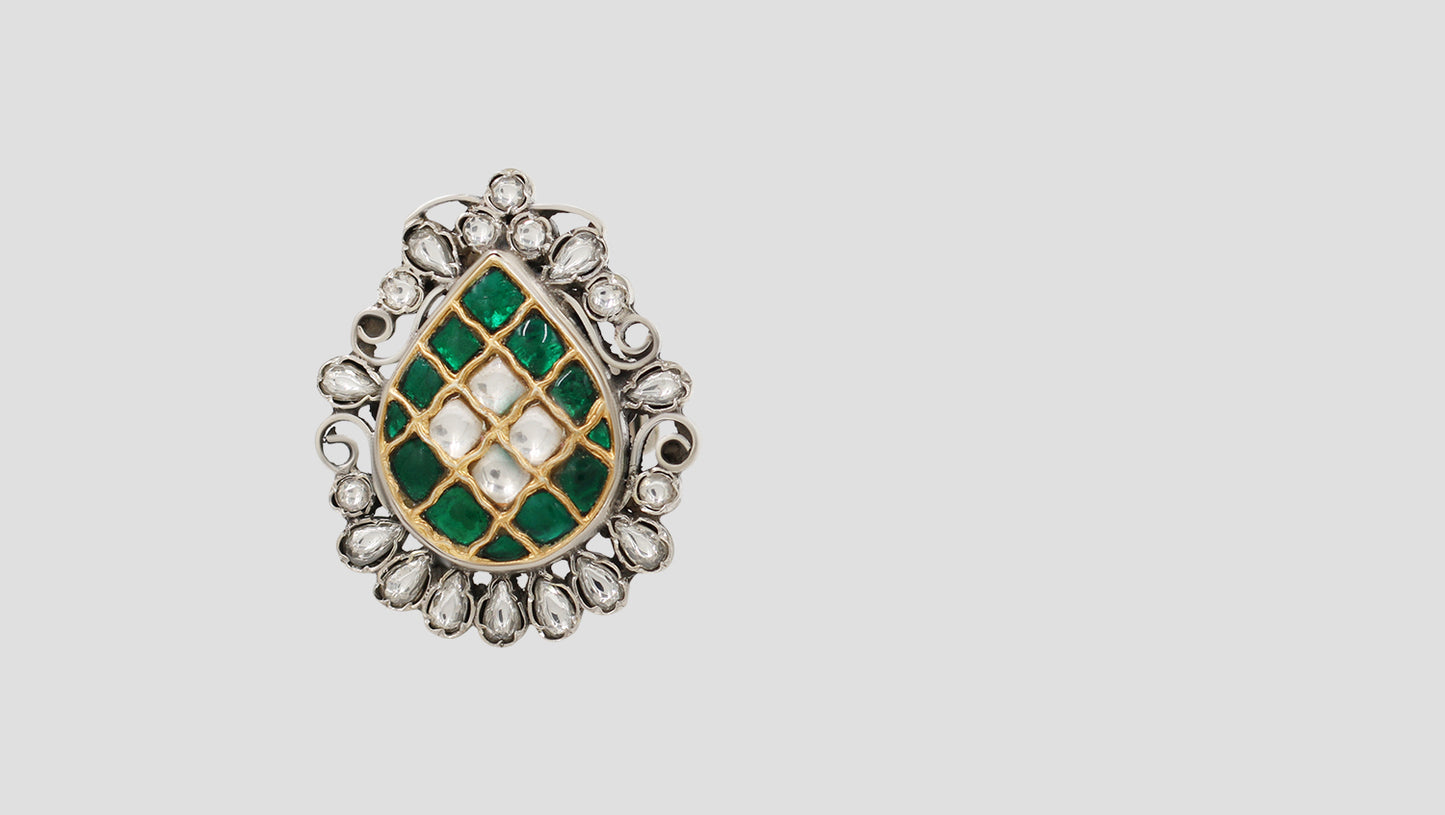 Handcrafted Green & White Kundan Silver Ring by Sangeeta Boochra