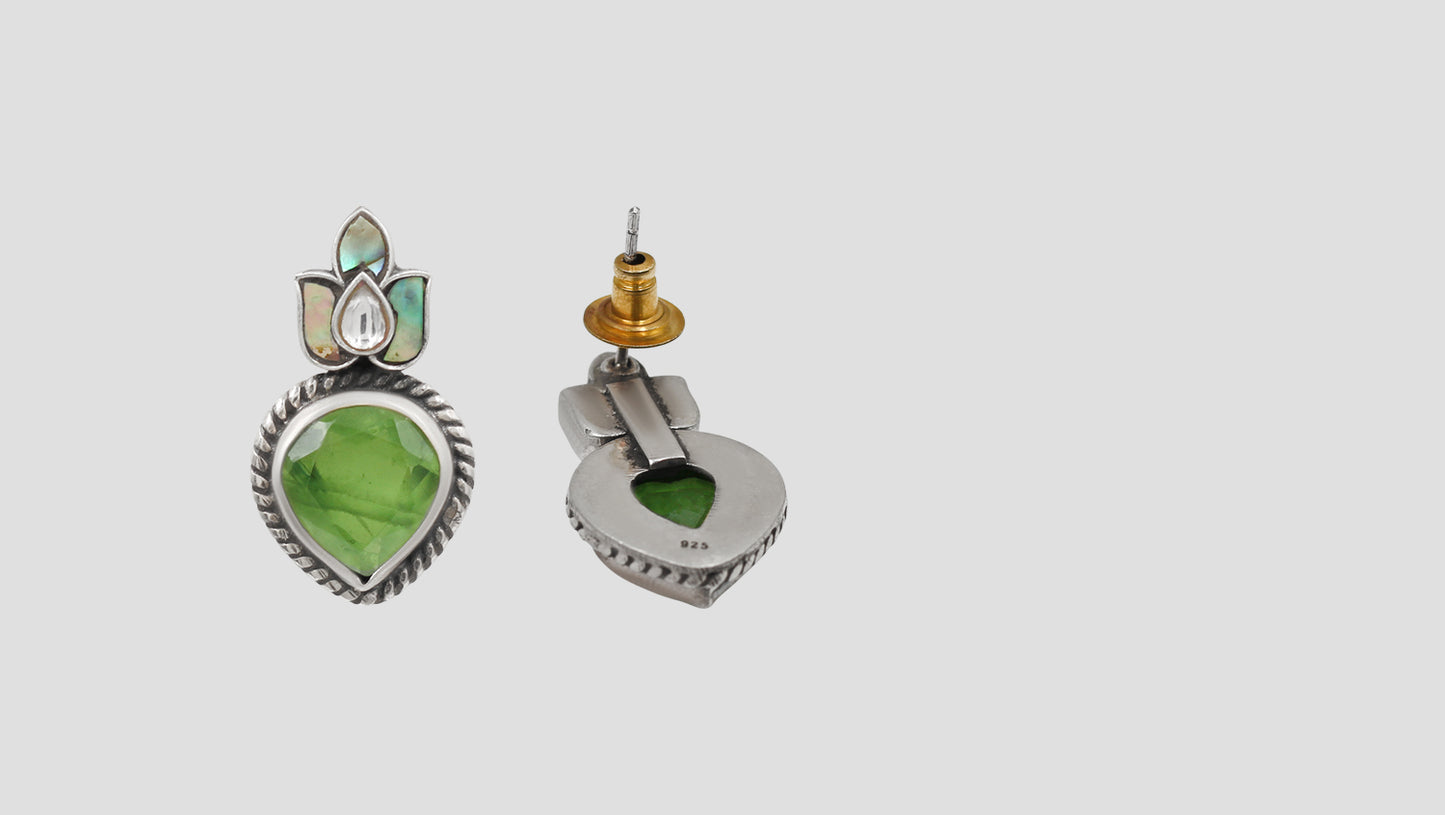 Sangeeta Boochra Handcrafted Oxidised Silver Floral Green Drop Earrings